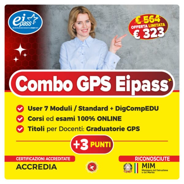 Combo GPS EIPASS con DigCompEDU, EIPASS Standard ed EIPASS 7 Moduli User